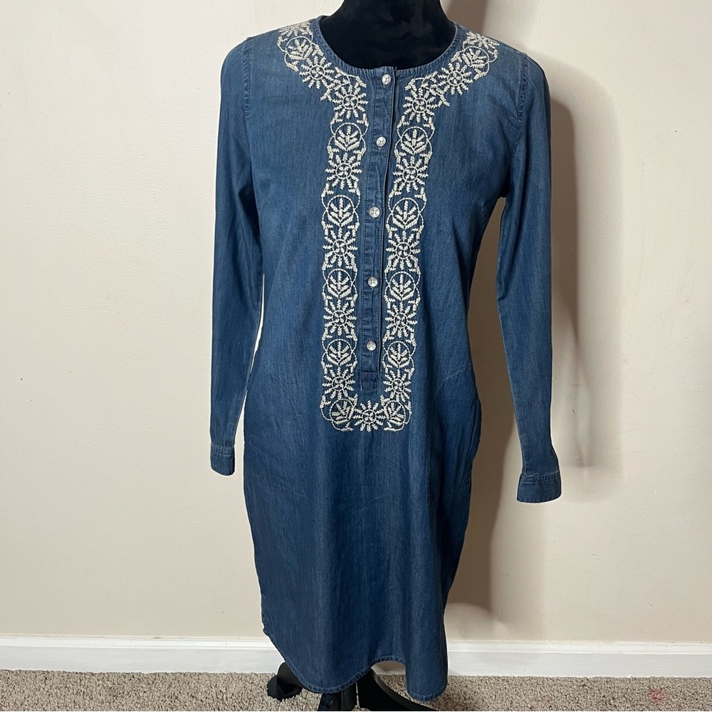 J. Jill Women’s Blue Embroidered‎ Chambray Dress With Pockets Sz XSP